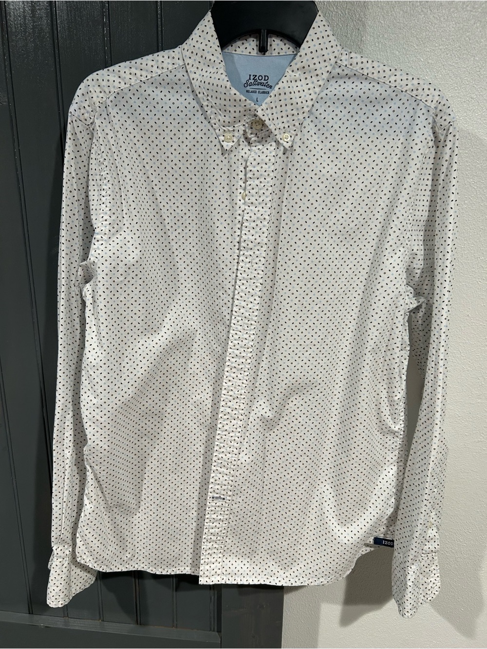 Izod White Button-Down Shirt with Black Microdots